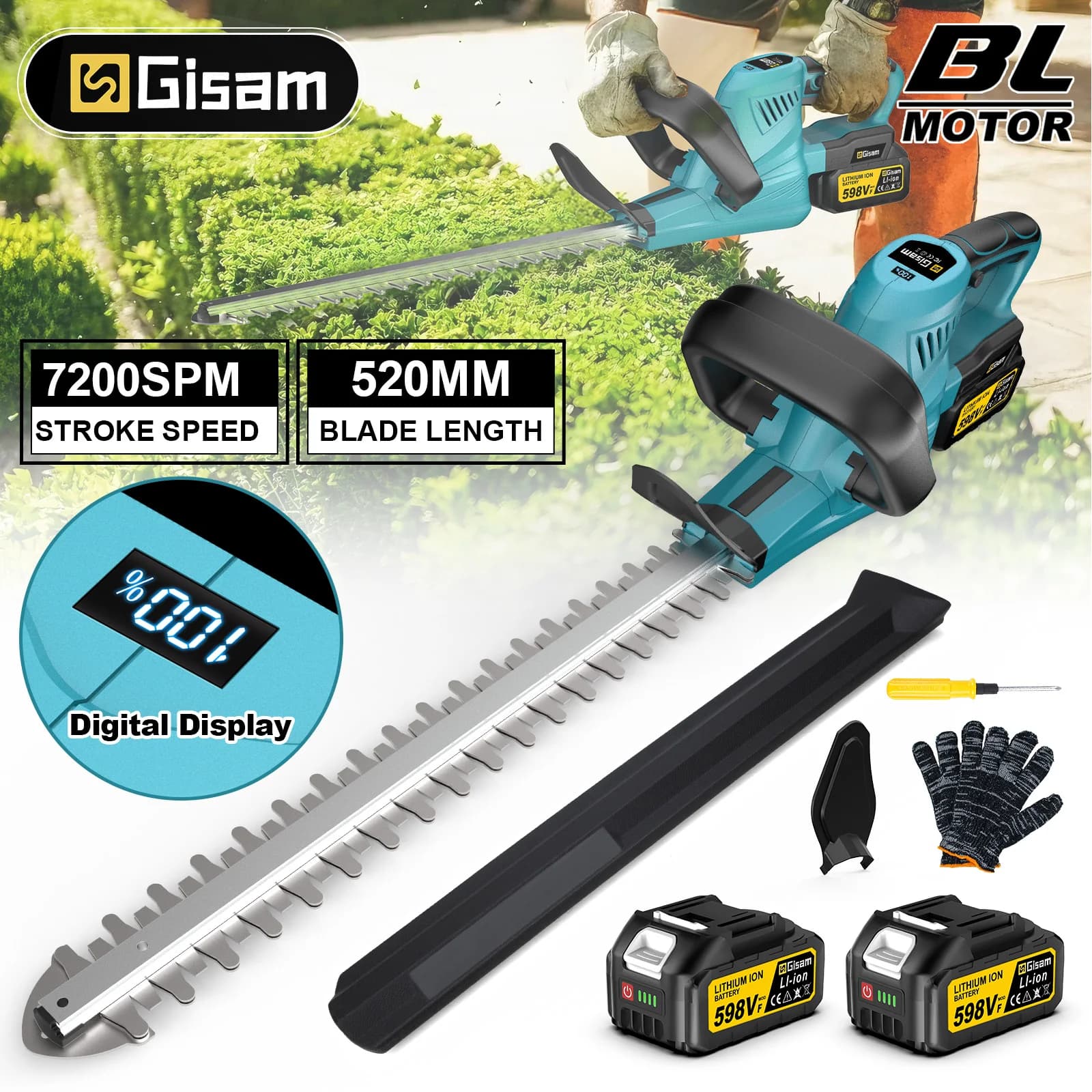 Elektryczne nożyce do żywopłotu Gisam 20000RPM 2000W - zestaw 2xAKU