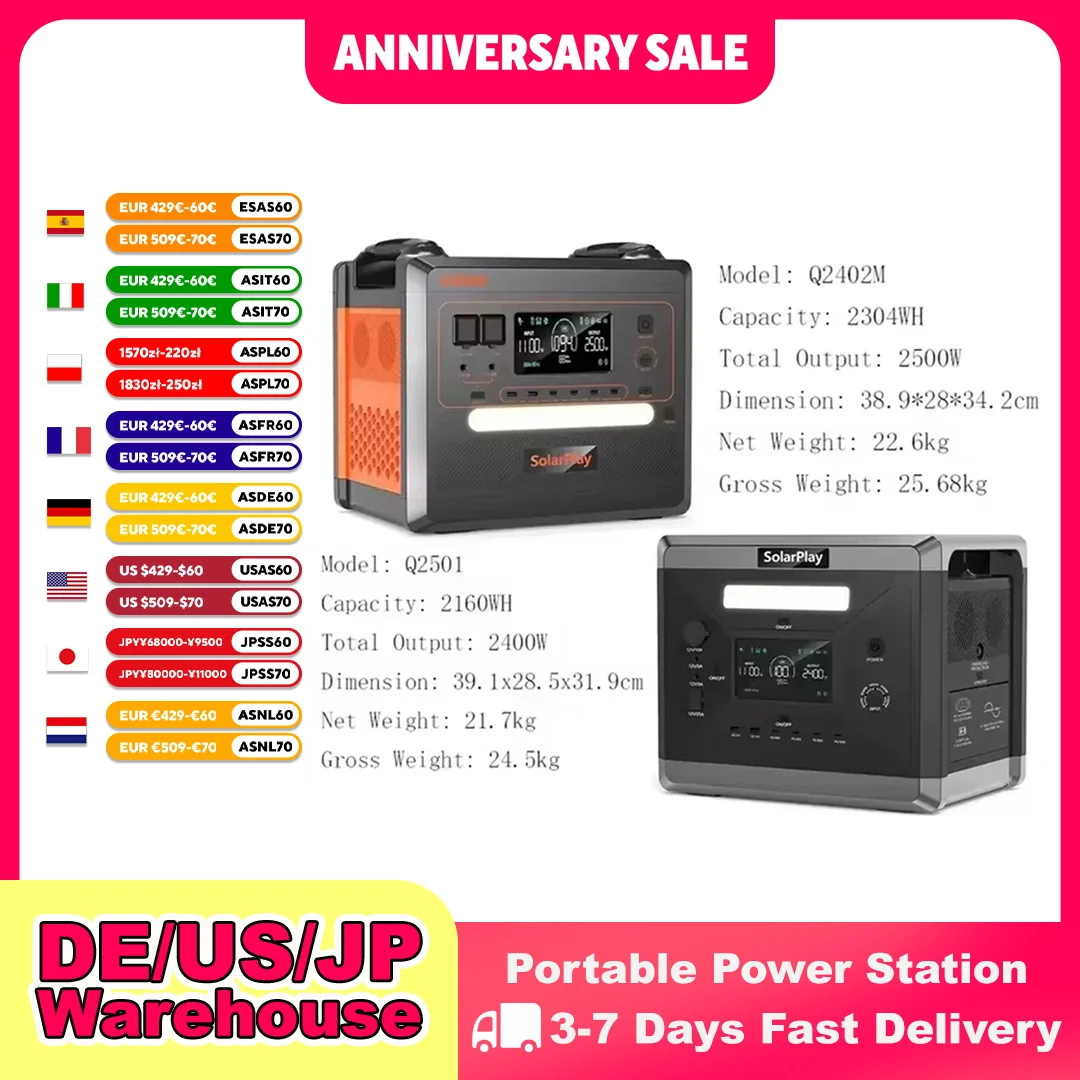 SOLARPLAY Q2501 Q2402M Portable Power Station 2160WH 2304WH LiFePO4 Battery with 2400W/2500W (4800W Peak) Solar Generator